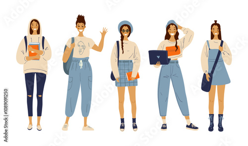 Modern girls students with gadgets, textbooks and backpacks. Outfit of young girls. Set of flat characters.