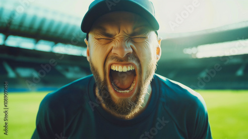 Angry soccer coach shouting on the sidelines, frustrated and upset during a championship match, portraying the emotional reaction of a disappointed manager after a critical goal failure in the game