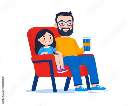 A couple sits in red cinema chairs watching a film. An illustration of a young man and woman, each holding a soda, in the movie theatre hall chairs, an illustration of cinematography and