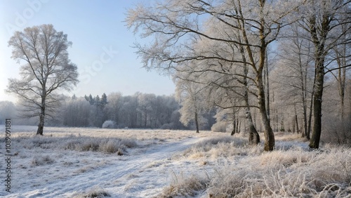 Snowy forest with bare trees and frost-covered ground, frost, frozen landscape