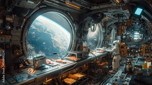 A futuristic spacecraft interior shows an astronaut working by a large window, revealing Earth in the distance, blending technology and exploration.