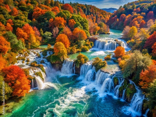 Aerial Panoramic View of Krka Waterfalls in Krka National Park Showcasing Vibrant Autumn Colors and Crystal Clear Turquoise Water on a Bright Morning