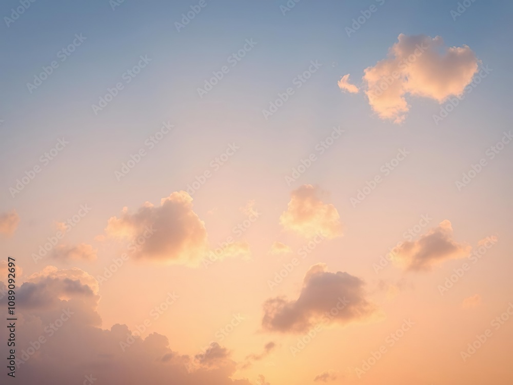 Soft peach hues of sunset blend with fluffy white clouds against a bright blue sky background, atmospheric conditions, peaceful Soft peach hues of sunset blend with fluffy white clouds against a bright blue sky background, atmospheric conditions, peaceful
