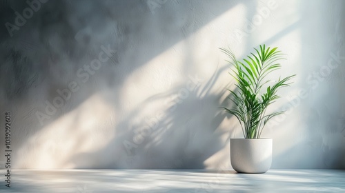 Serene Indoor Scene Featuring a Lush Potted Plant Casting Shadows on a Soft Textured Wall in Natural Light in a Contemporary Minimalist Setting