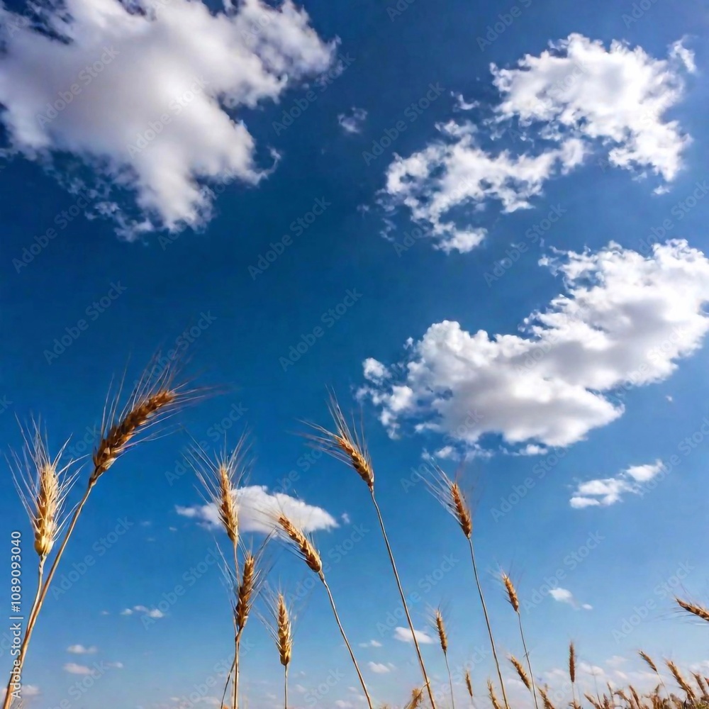 Fototapeta premium A wide shot of a clear, bright midday sky over a rural landscape, captured at eye level. The scene features a deep blue sky with a few scattered clouds, and the foreground includes a field of golden w