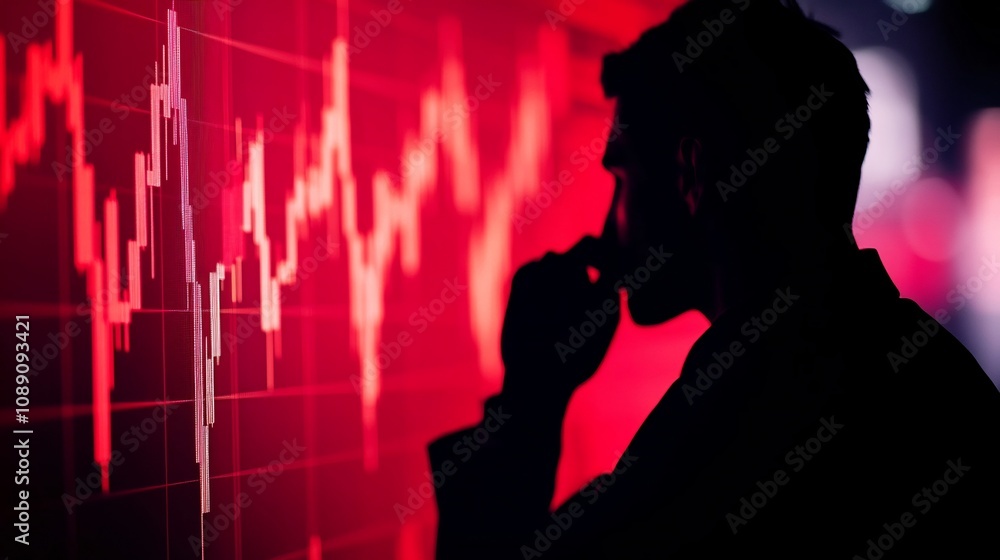 Businessman Analyzing Downward Trending Graphs on Screen with Pensive Look Businessman Analyzing Downward Trending Graphs on Screen with Pensive Look