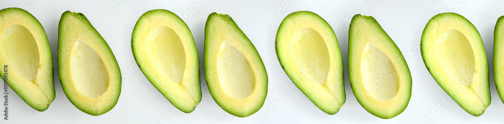avocado and slices isolated on white background with copy space for your text. Top view. Banner avocado and slices isolated on white background with copy space for your text. Top view. Banner