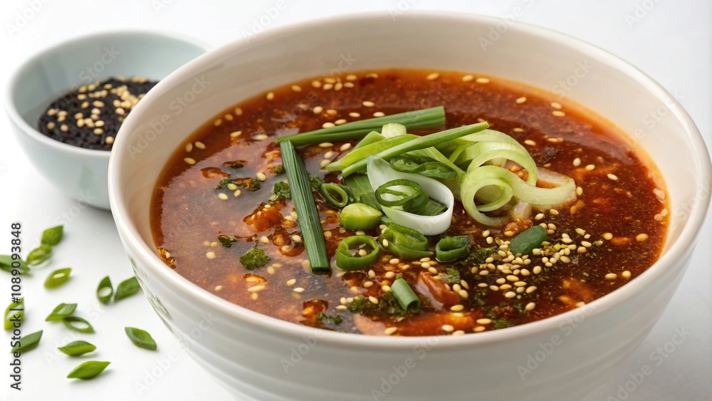 Steaming bowl of daylily soup garnished with scallions, sesame seeds, and a sprinkle of soy sauce, umami flavor, soy sauce, garnishes, daylily soup Steaming bowl of daylily soup garnished with scallions, sesame seeds, and a sprinkle of soy sauce, umami flavor, soy sauce, garnishes, daylily soup