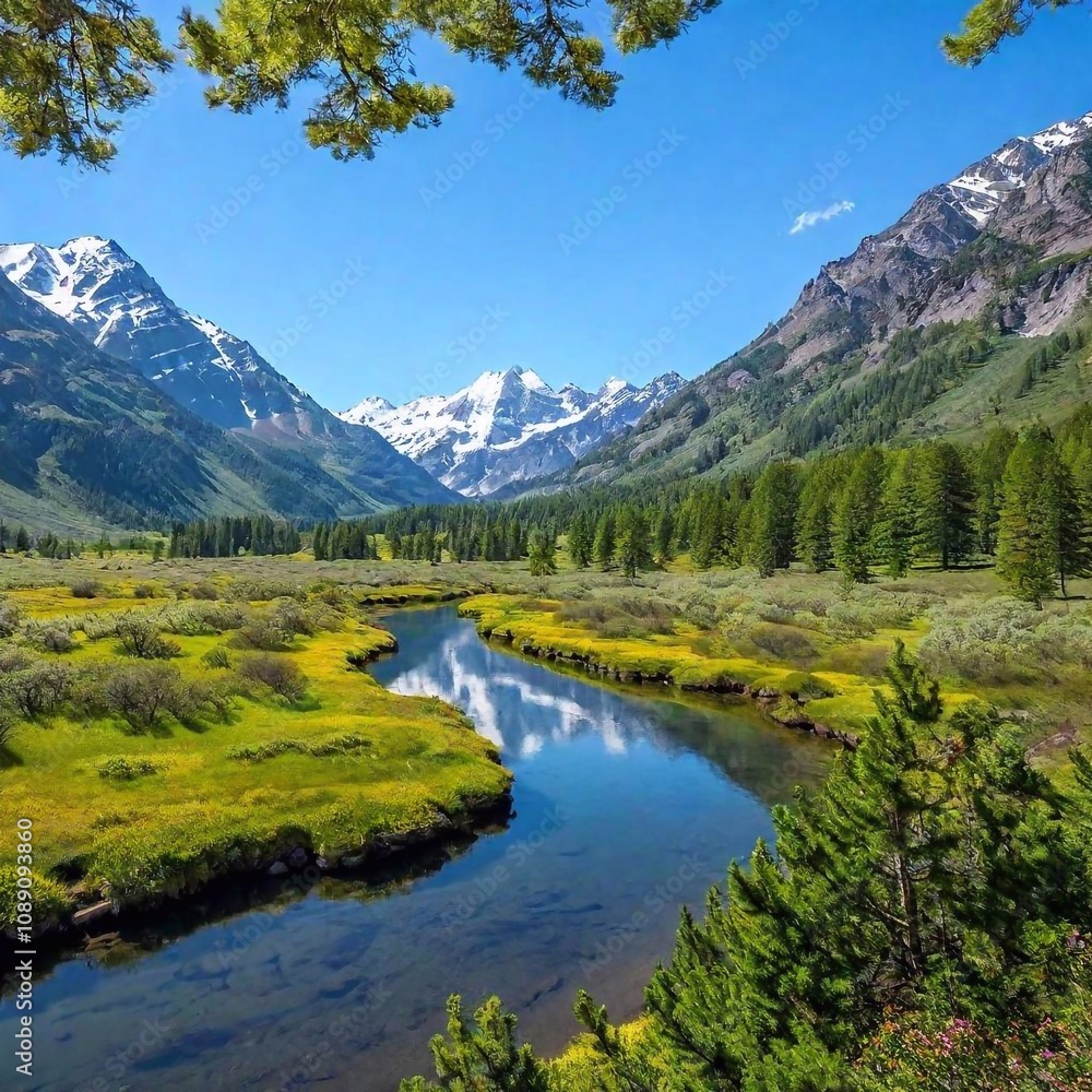 a breathtaking panoramic view of a lush valley surrounded by towering mountain ranges. Include vibrant wildflowers, a winding river, and a clear blue sky with a few fluffy clouds for a serene and pict a breathtaking panoramic view of a lush valley surrounded by towering mountain ranges. Include vibrant wildflowers, a winding river, and a clear blue sky with a few fluffy clouds for a serene and pict