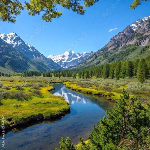 a breathtaking panoramic view of a lush valley surrounded by towering mountain ranges. Include vibrant wildflowers, a winding river, and a clear blue sky with a few fluffy clouds for a serene and pict