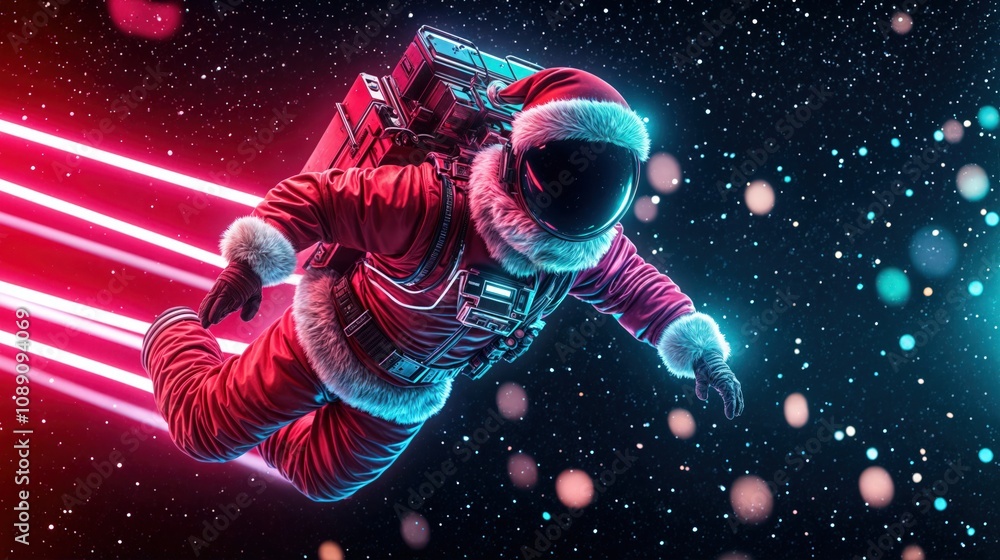 Futuristic Santa Claus floating in space with jetpack and neon helmet surrounded by cosmic lights.
Futuristic Santa Claus floating in space with jetpack and neon helmet surrounded by cosmic lights.