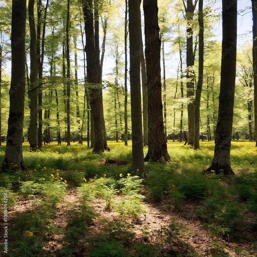 Fototapeta premium Springtime Forest Clearing: A medium wide shot of a forest clearing in spring. The deep focus captures the fresh green foliage, blooming wildflowers, and dappled sunlight filtering through the trees, 