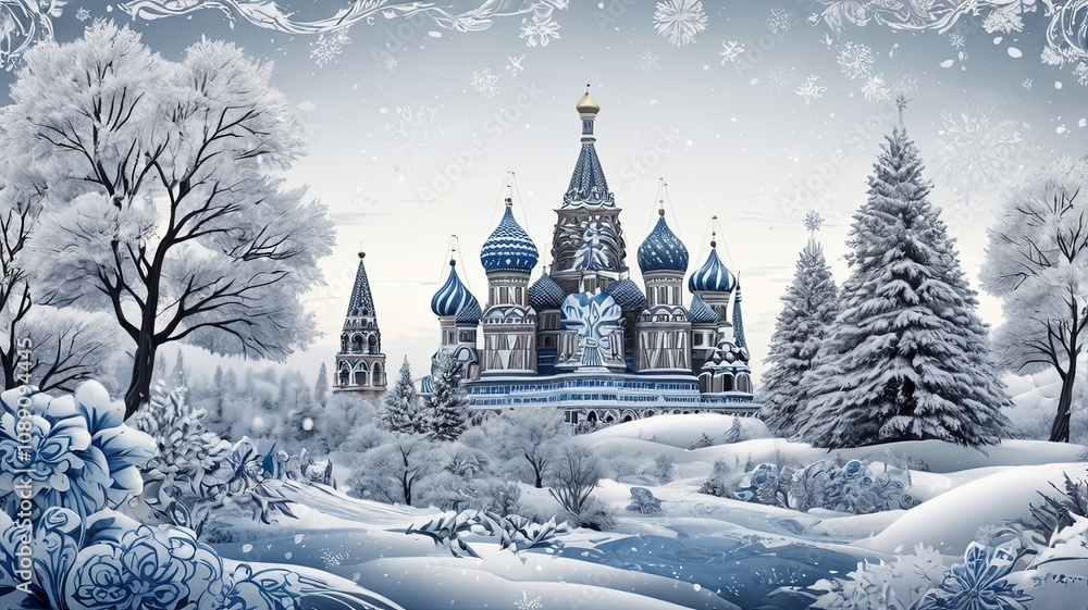 Obraz premium Blue and white Gzhel-inspired Christmas background with ornate floral patterns