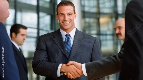 Determined business leaders shaking hands in front of glass office window