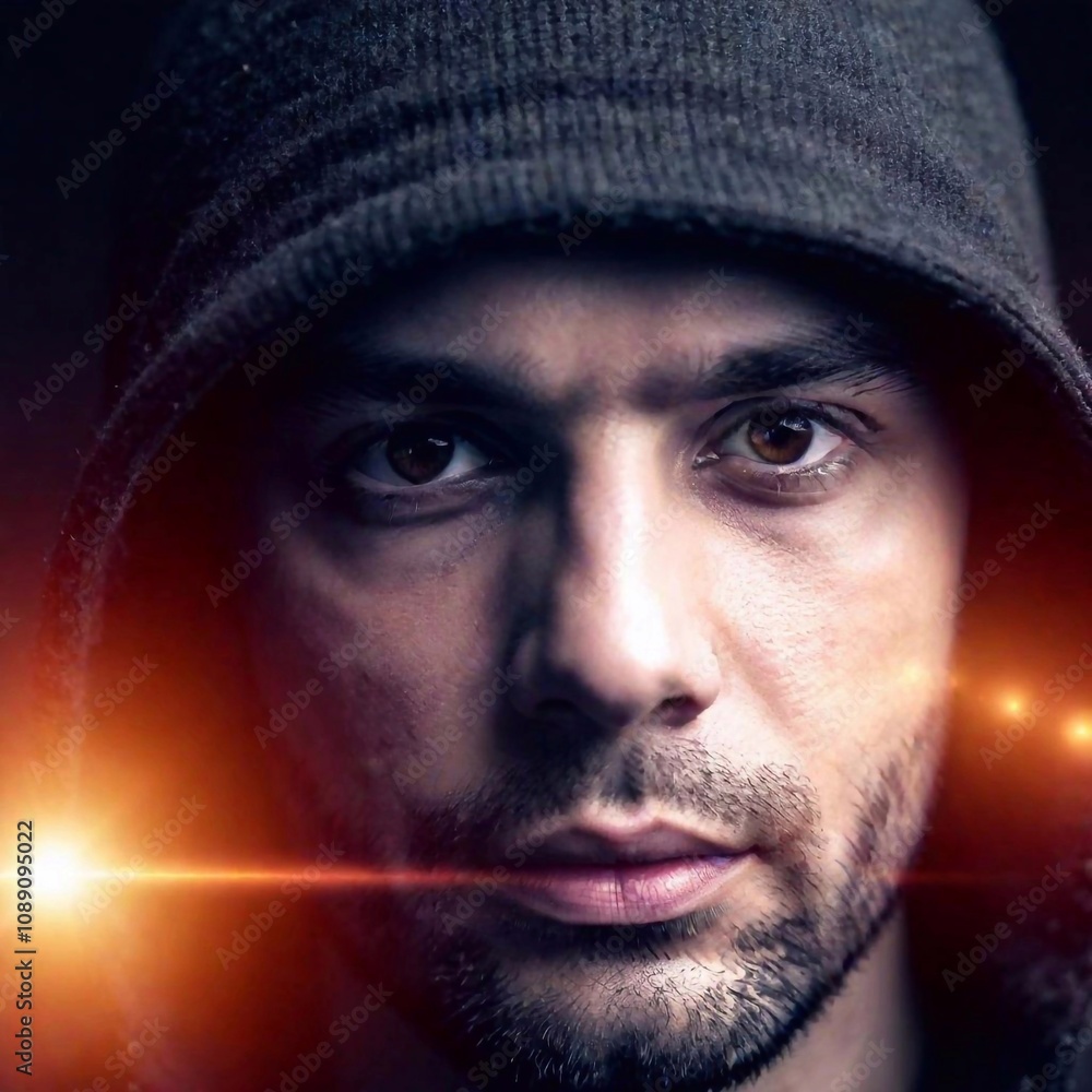 A close-up shot of a hackers face, focused on the determined expression, with the details of the face in sharp focus and the surrounding technology-filled environment fading into a soft blur A close-up shot of a hackers face, focused on the determined expression, with the details of the face in sharp focus and the surrounding technology-filled environment fading into a soft blur