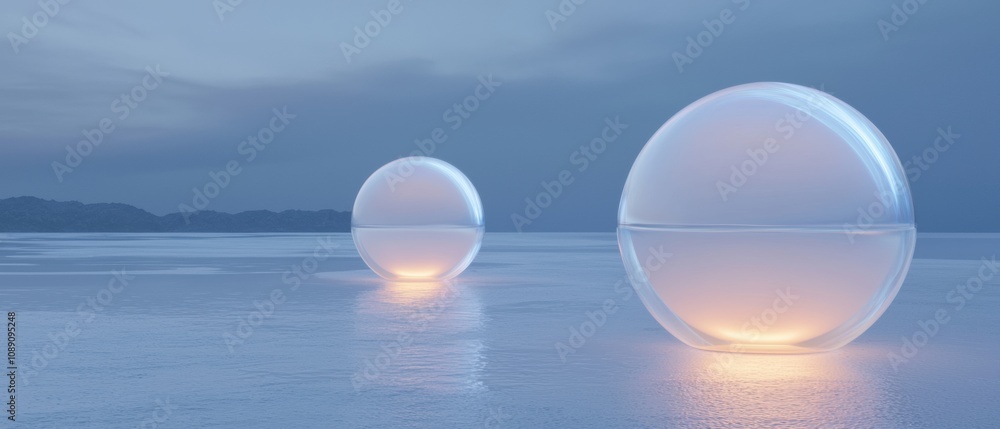 Two large spheres of light reflecting on the water Two large spheres of light reflecting on the water