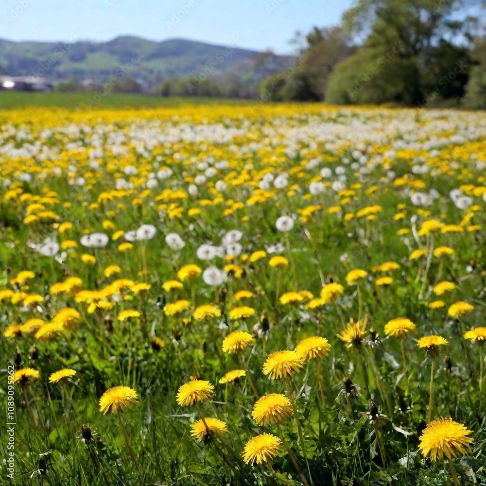 an establishing shot of a dandelion meadow on a breezy day. Show the dandelion heads gently swaying in the wind with a wide view of the surrounding landscape, including a clear blue sky and distant hi