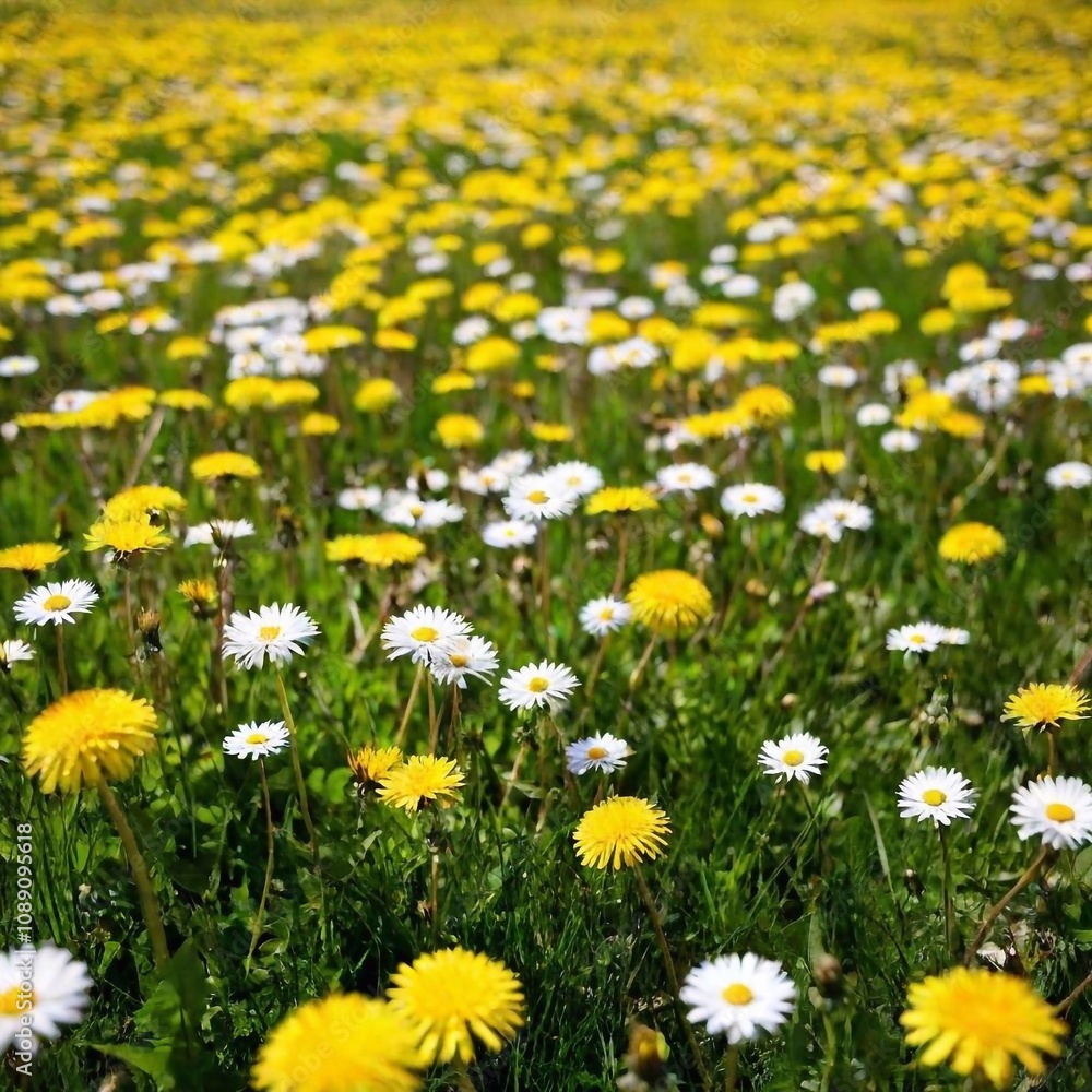 an extreme long shot from a birds-eye-view perspective, focusing on a dandelion meadow interspersed with other wildflowers. Use deep focus to showcase the dandelion patches and their textures, blendin