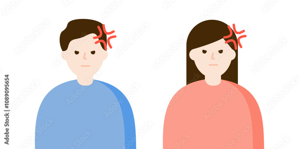 Angry man and woman character portrait. Argument, conflict, negative emotions, stress, facial expression concepts. Flat vector design isolated illustration. Angry man and woman character portrait. Argument, conflict, negative emotions, stress, facial expression concepts. Flat vector design isolated illustration.
