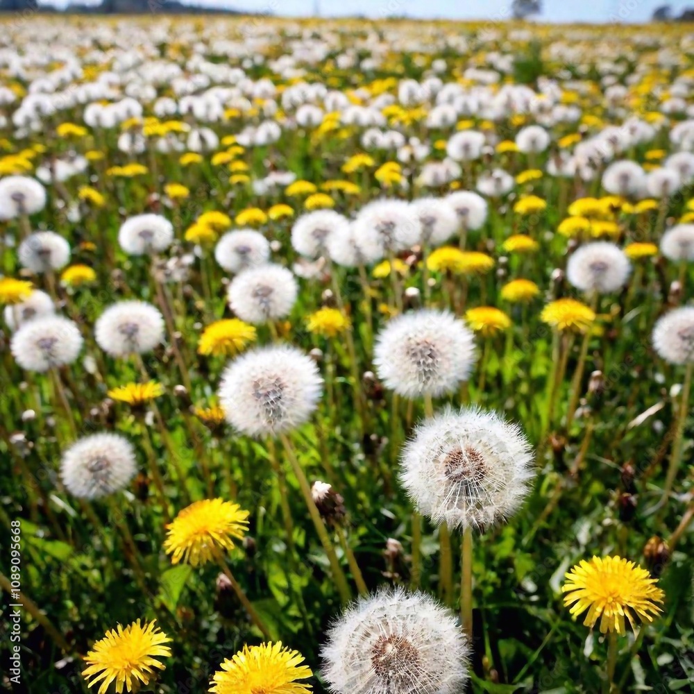 an extreme long shot, birds-eye-view image of a vast dandelion field. Utilize deep focus to capture the expansive field with countless dandelion seed heads in sharp detail, extending to the horizon wi an extreme long shot, birds-eye-view image of a vast dandelion field. Utilize deep focus to capture the expansive field with countless dandelion seed heads in sharp detail, extending to the horizon wi
