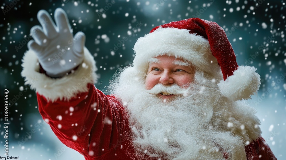 Santa Claus greeting, waving hand isolated on blue background with snow, copy space. Winter holidays, Christmas, advertisement concept Santa Claus greeting, waving hand isolated on blue background with snow, copy space. Winter holidays, Christmas, advertisement concept