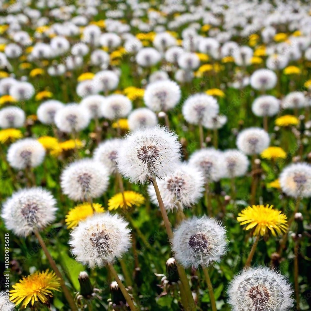 an extreme long shot, birds-eye-view image of a vast dandelion field. Utilize deep focus to capture the expansive field with countless dandelion seed heads in sharp detail, extending to the horizon wi an extreme long shot, birds-eye-view image of a vast dandelion field. Utilize deep focus to capture the expansive field with countless dandelion seed heads in sharp detail, extending to the horizon wi