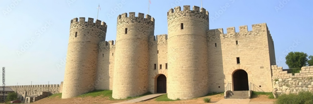 Towering stone walls with narrow windows and fortified gates in a rural setting, byzantine, rural, fortress Towering stone walls with narrow windows and fortified gates in a rural setting, byzantine, rural, fortress