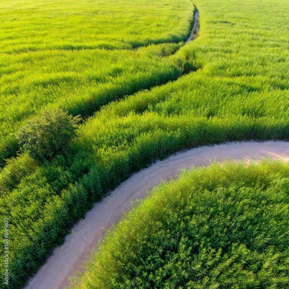 Fototapeta premium A full shot birds-eye-view photo of a tranquil meadow scenery, featuring a winding path through the tall grass, with soft focus emphasizing the serene landscape.