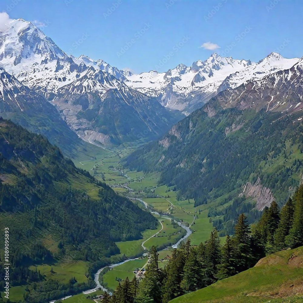 A full shot of a mountain range with eagle in sky at eye level, with snow-capped peaks and a lush valley below A full shot of a mountain range with eagle in sky at eye level, with snow-capped peaks and a lush valley below