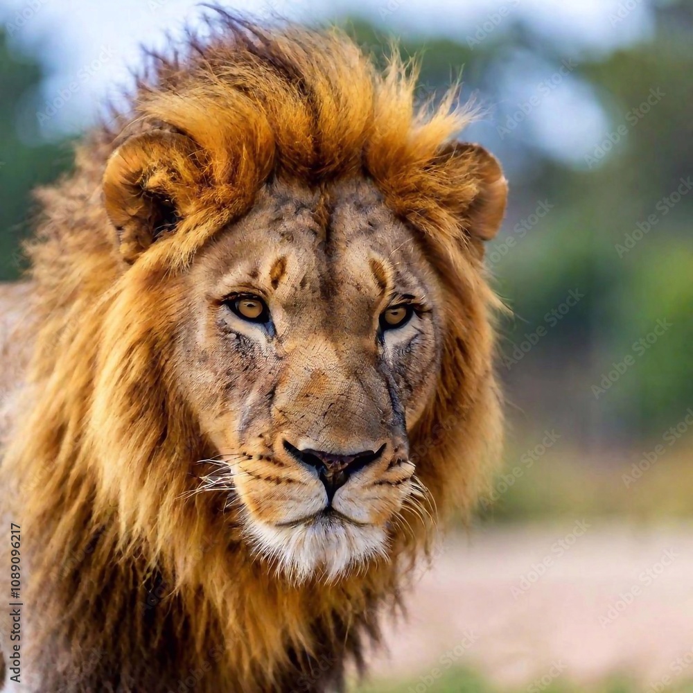 A close-up photo portrait of a lion with its head slightly tilted, deep focus on the softness of its mane flowing in the wind, eye-level shot capturing a gentle yet powerful expression A close-up photo portrait of a lion with its head slightly tilted, deep focus on the softness of its mane flowing in the wind, eye-level shot capturing a gentle yet powerful expression