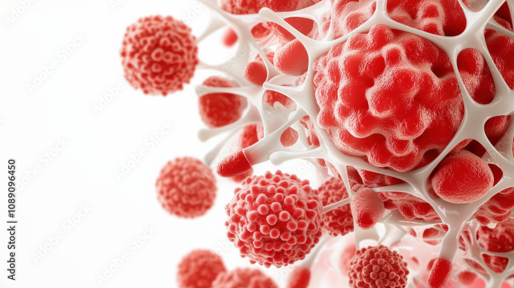 A close-up view of red, spherical structures resembling cells, suspended in a white lattice, illustrating cellular biology and microscopic life. A close-up view of red, spherical structures resembling cells, suspended in a white lattice, illustrating cellular biology and microscopic life.
