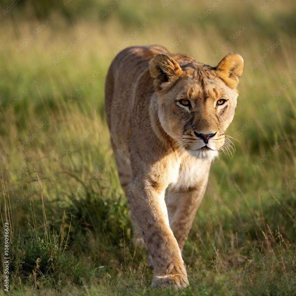 A macro photo of a lioness stalking through tall grass, deep focus on the tension in its muscles and its focused eyes, high-angle shot capturing its full body in mid-step, demonstrating the grace and A macro photo of a lioness stalking through tall grass, deep focus on the tension in its muscles and its focused eyes, high-angle shot capturing its full body in mid-step, demonstrating the grace and