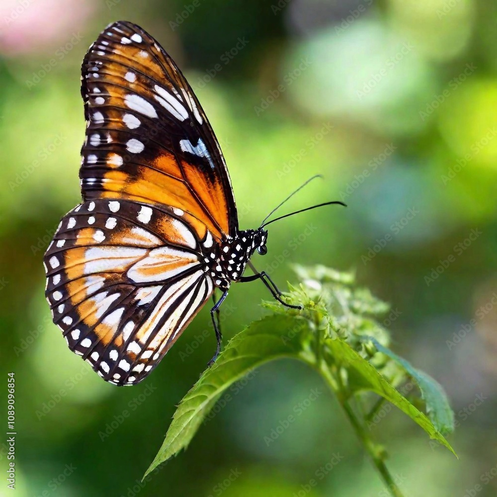 Obraz premium A macro photo of a butterfly with iridescent wings catching the light, soft focus creating a gentle blur of colors in the background, low angle shot that highlights the shimmering scales and the delic