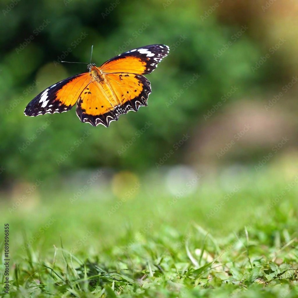 Fototapeta premium A macro photo of a butterfly in mid-flight, soft focus rendering the background into a soft, colorful blur, low angle shot capturing the upward motion and the fine details of its underwings and body