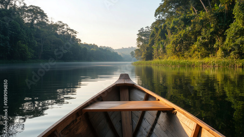 Riverbank Reflections with Woods and Boat Cruise photo