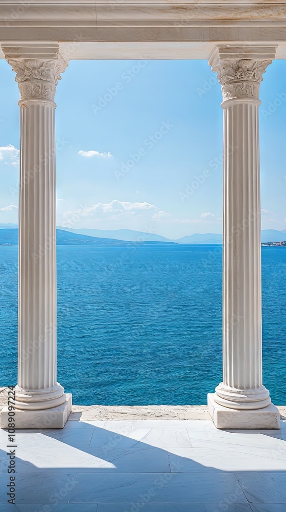 Fototapeta premium White Columns Framing a Breathtaking Ocean View