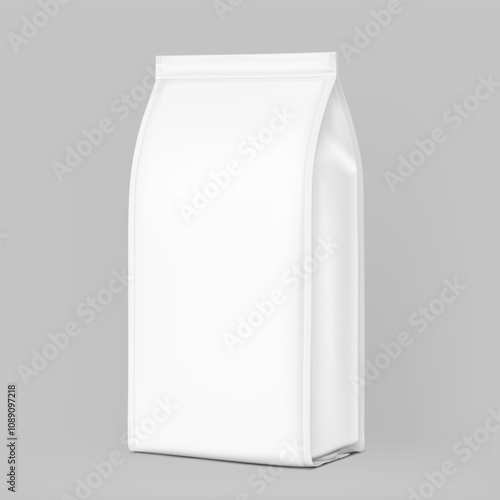 Realistic closed quad seal bag mockup. Vector illustration isolated on grey background. Perfect for easy customisation and editing your graphics on a mockup. EPS10. photo