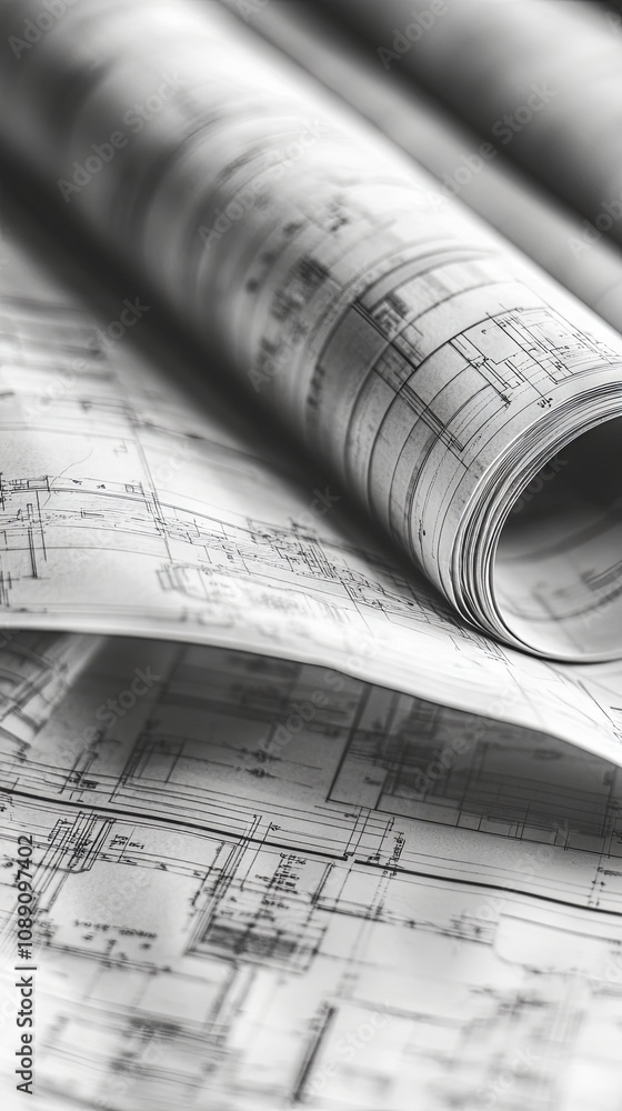 Fototapeta premium Close-up of Rolled Architectural Drawings: Detailed Blueprint