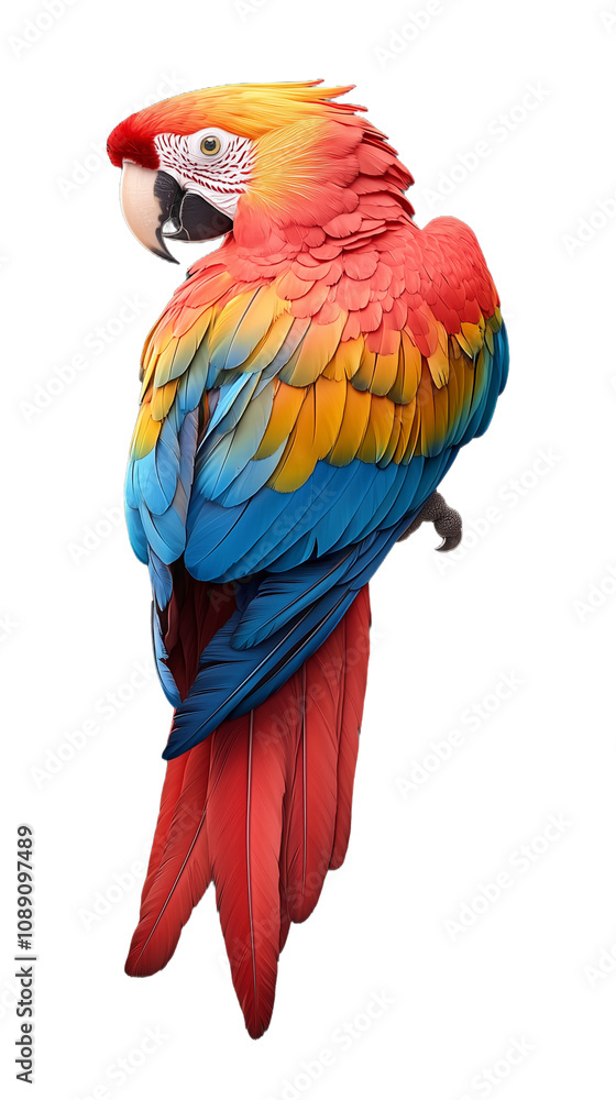 Fototapeta premium Vibrant macaw perched with colorful feathers on transparent background