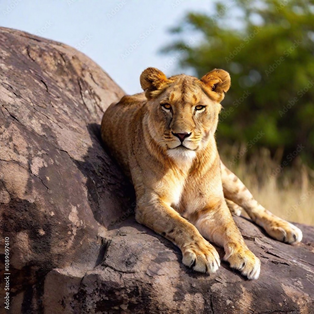 A full shot photo of a lioness resting on a large rock, deep focus on its relaxed posture and the texture of its mane, low-angle shot capturing the full body against a backdrop of the expansive savann A full shot photo of a lioness resting on a large rock, deep focus on its relaxed posture and the texture of its mane, low-angle shot capturing the full body against a backdrop of the expansive savann