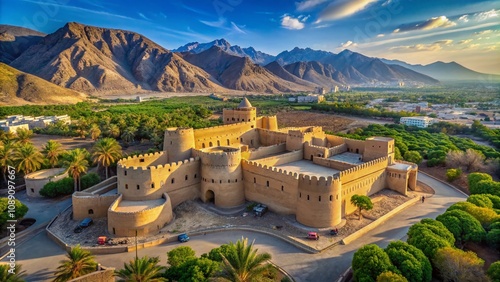 Aerial View of Al Fiqain Castle Surrounded by Lush Landscapes Near Nizwa City in Oman, Showcasing the Historical Architecture and Natural Beauty of the Region photo