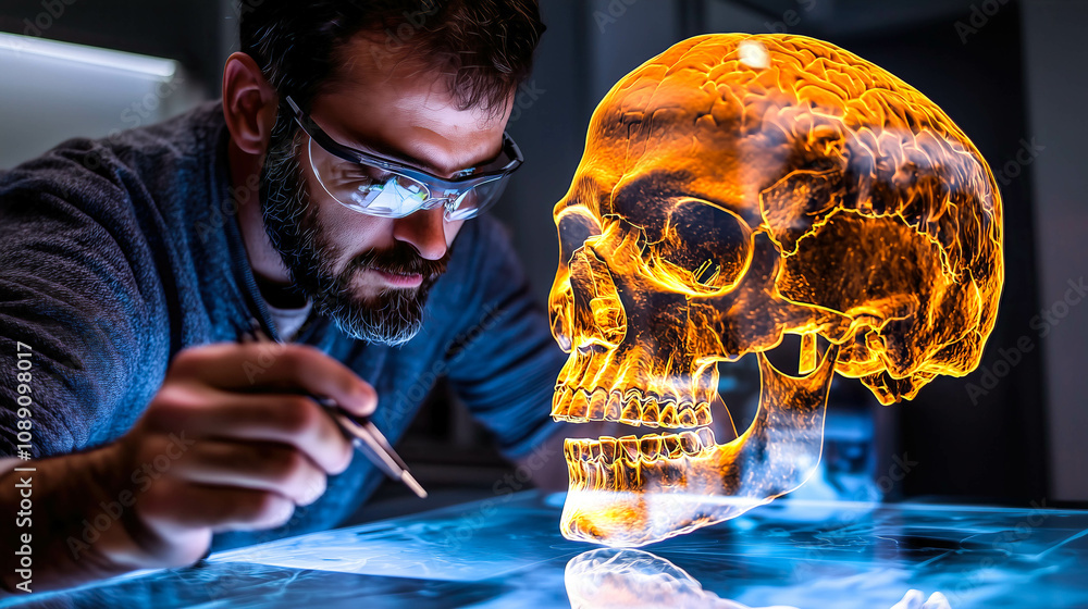 A scientist analyzes the hologram of a human skull. The concept of advanced technology in medical research, emphasizing innovation in anatomy studies and scientific discovery. Generative AI. A scientist analyzes the hologram of a human skull. The concept of advanced technology in medical research, emphasizing innovation in anatomy studies and scientific discovery. Generative AI.