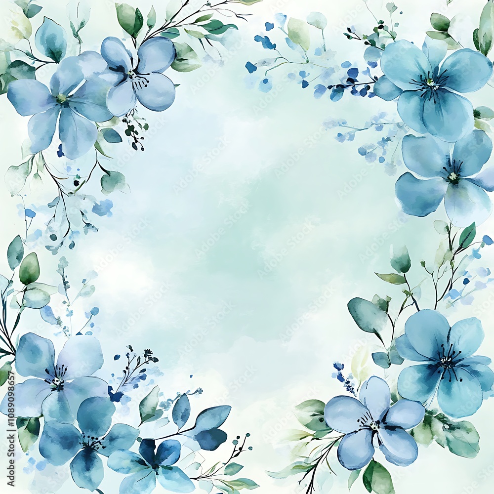 Fototapeta premium Watercolor Illustration of Blue Flowers with Green Leaves on a Light Blue Background