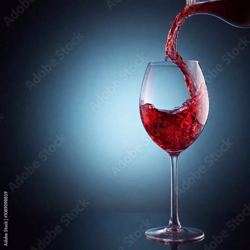 A high-resolution ultrarealistic image capturing the moment red wine is being poured into a crystal-clear wine glass. The digital artwork meticulously details each splash and droplet, creating a sense