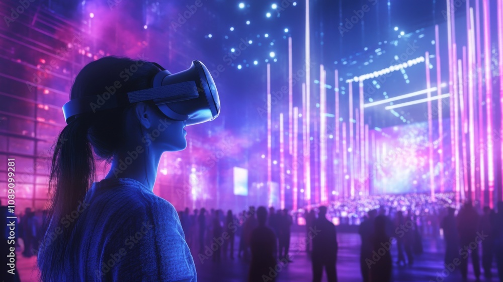 Fototapeta premium Participants gather at a dynamic nighttime event, experiencing virtual reality through headsets amid a backdrop of colorful lights, music, and a lively crowd immersed in entertainment.