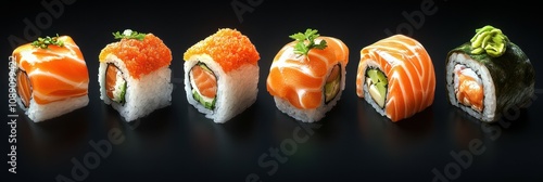 Six assorted sushi rolls rest on a dark surface, showcasing vibrant colors and fresh ingredients photo