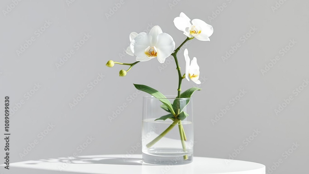 White orchid in a minimalist glass container, beauty, simplicity White orchid in a minimalist glass container, beauty, simplicity
