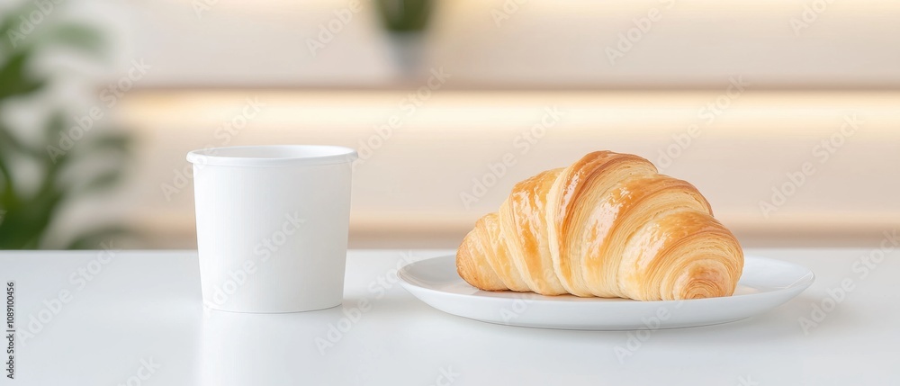 A croissant is on a white plate next to a paper cup A croissant is on a white plate next to a paper cup