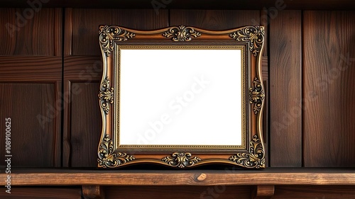 Wooden picture frame with intricate carvings and gold accents, placed on an old wooden shelf, wood, nostalgic feel, ornate details