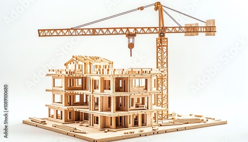 Incomplete underconstruction building with tower cranes, isolated on white background, modern construction site representation photo